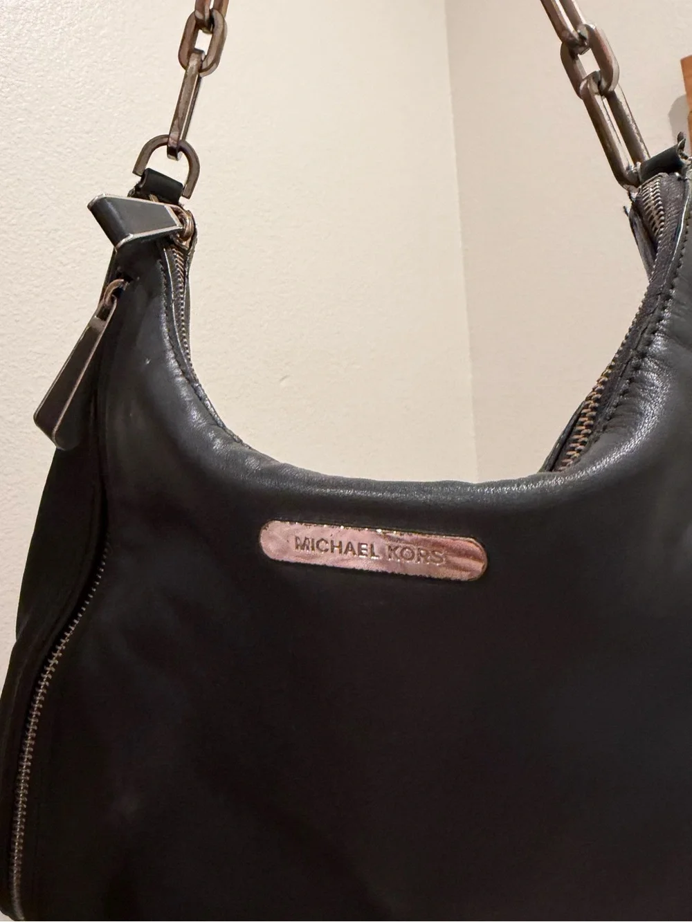 Michael Kors Black Leather Hobo with Gold-Tone Chain Accent